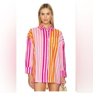 Beach Riot Women's Alexa Swim Cover Top Button Front Shirt Sunset Stripes PL